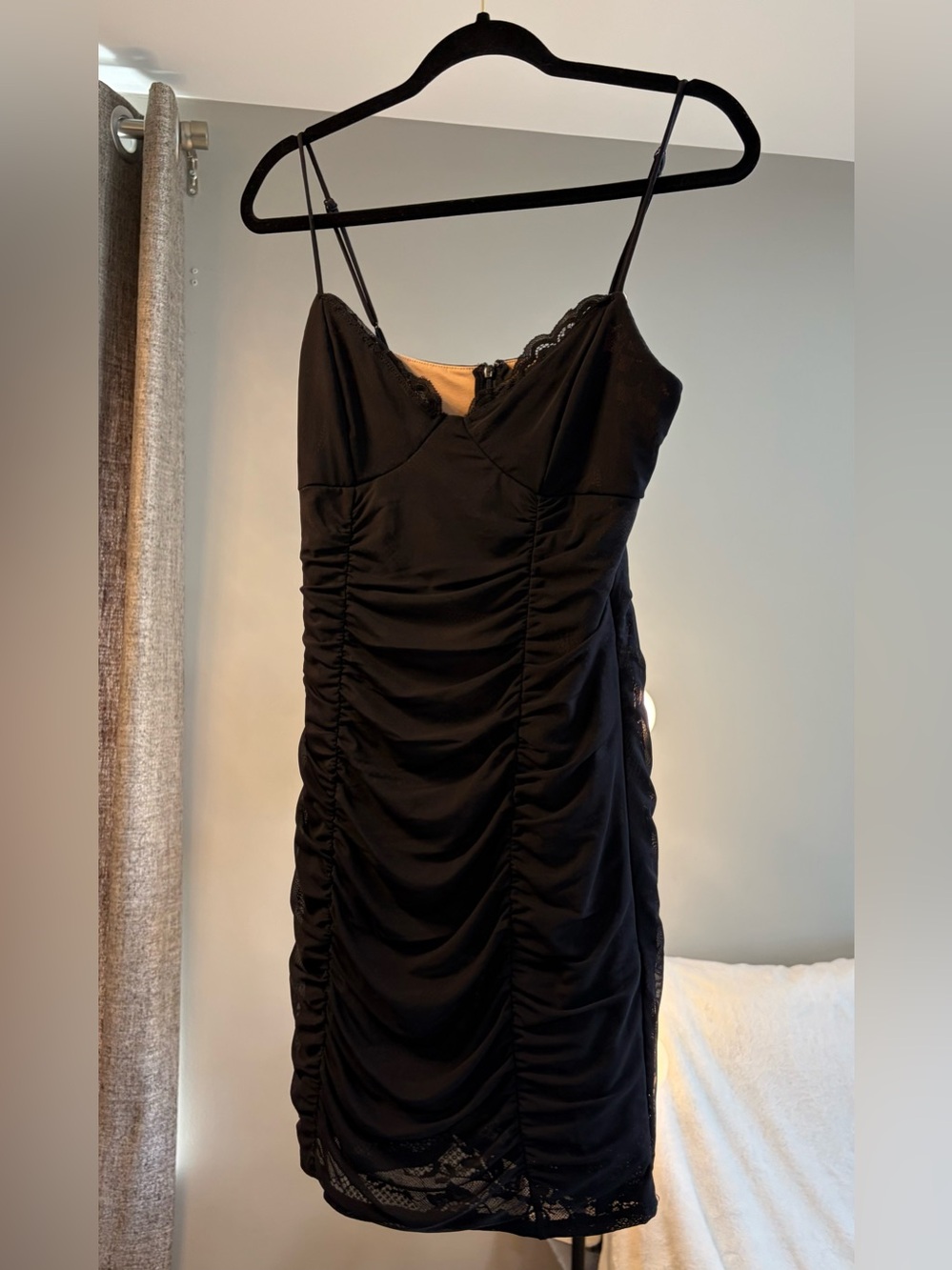 Guess Black Ruched Lace-Trim Mini Dress